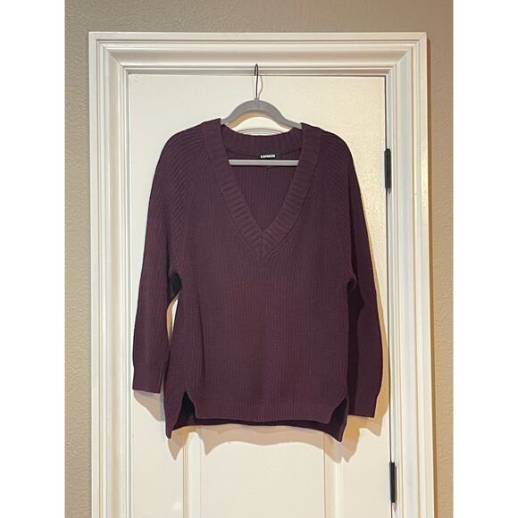 Express Oversized Sweater Women's XS V-neck Knit Maroon Baggy Tunic - Picture 1 of 7